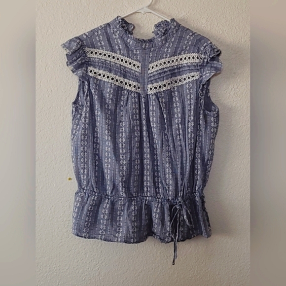 New York & Company Blue Ruffle Keyhole Blouse with Lace Accents Size XL - Picture 2 of 14